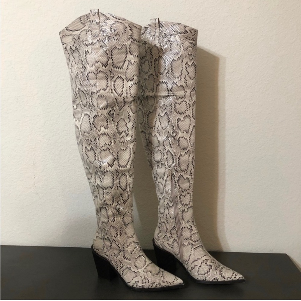 PrettyLittleThing Boots Faux Snake Thigh High Block Heel Beige Gray Sexy Trendy